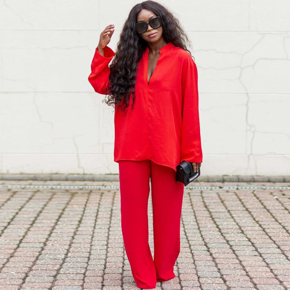 ZARA African Womens Long Sleeve Polo Collar Solid Casual Shirt and Pants Set